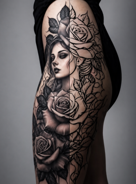 Tatuagem realista decalkada na pele